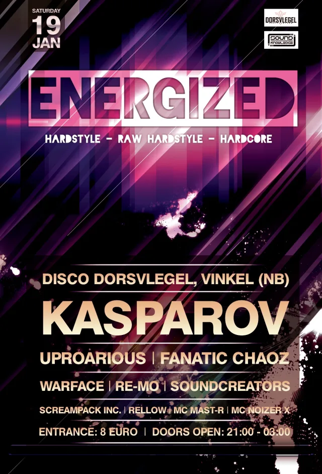 Poster: Energized Feat. Dj Kasparov 1,5 uur Solo !!!!@ Disco Dorsvlegel Vinkel (NB)